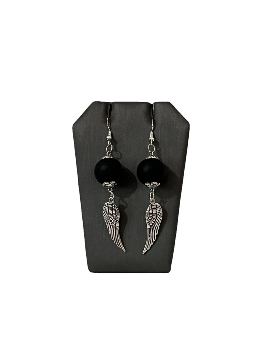Gothic Black Matte Bead Angel Wing Drop Earrings Silver Tone Dangle Goth Punk